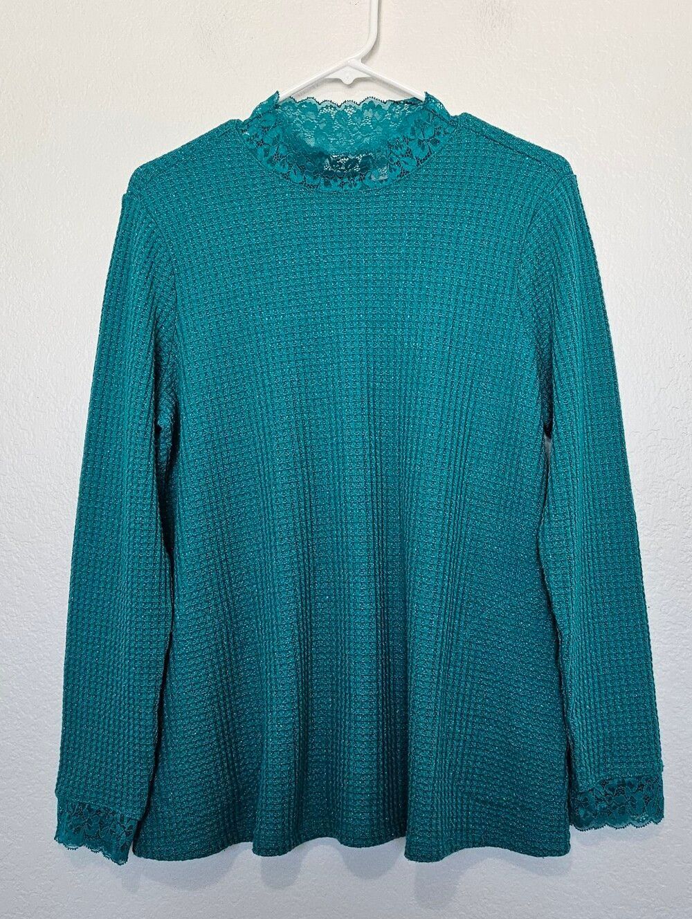 Logo by Lori Goldstein Metallic Lace Waffle Knit Mock-Neck Top Teal Women Medium